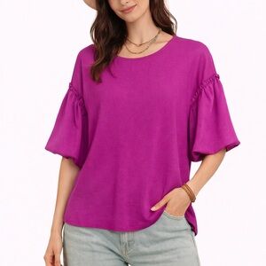 Impressions Fuchsia‎ Blouse Size Small with Puff Ruffle Sleeves